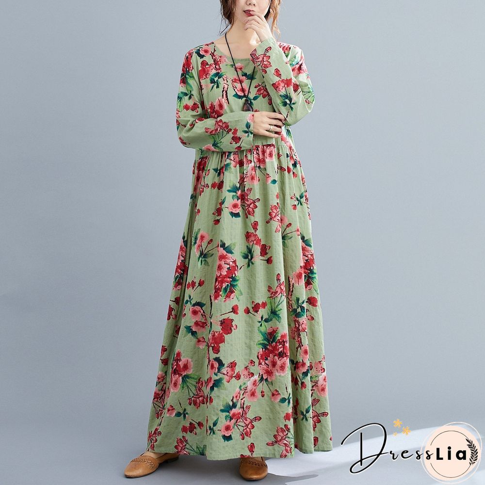 Loose Cotton Linen Printed Long Sleeve Swing Maxi Dress