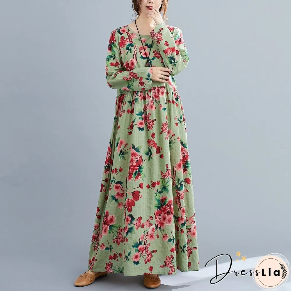 Loose Cotton Linen Printed Long Sleeve Swing Maxi Dress