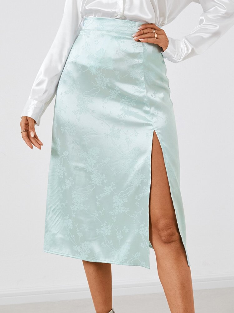 Solid Color Plain Satin Slit Casual Skirt for Women