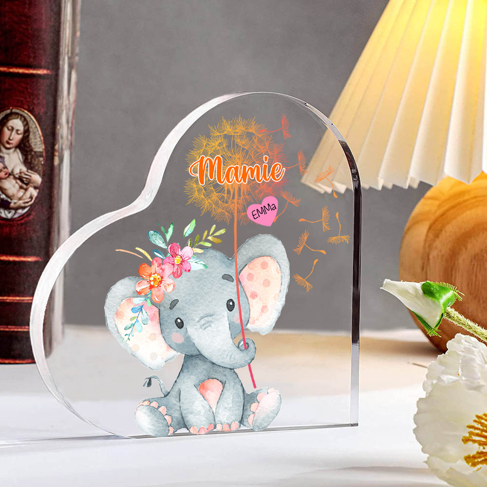 À ma Mamie - Plaque Acrylique en Forme de Cœur Éléphant 1 Prénom Personnalisé