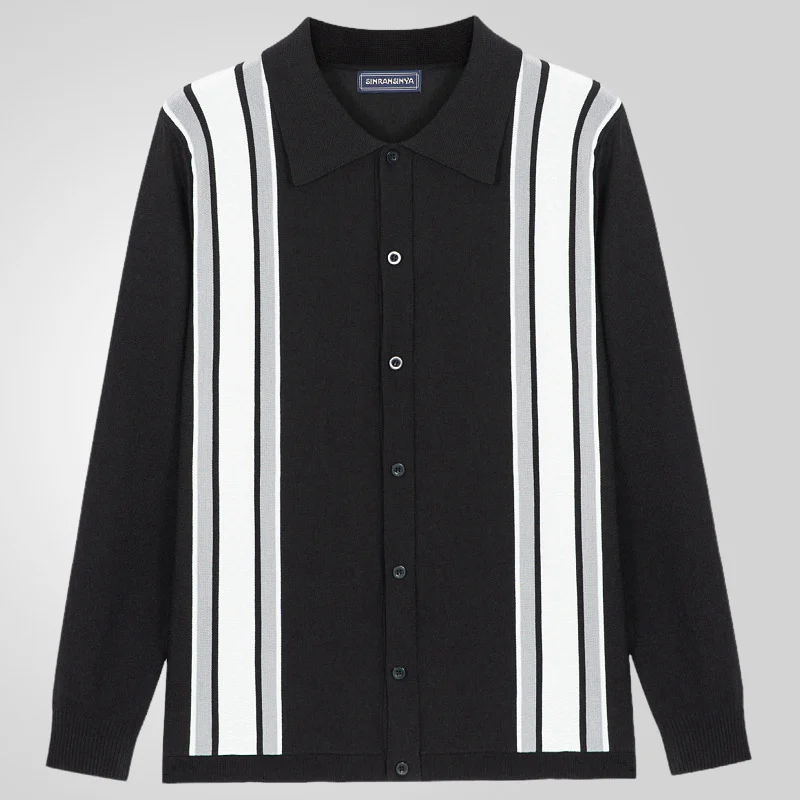 Uveng Uveng Men's Men's Spring Thin Knits Striped Splicing Business Long Sleeve Polo Shirts SY0149