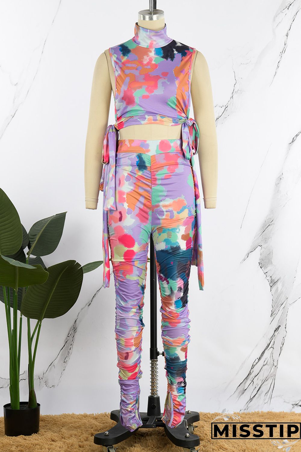 Multicolor Sexy Casual Print Bandage Fold Turtleneck Sleeveless Two Pieces