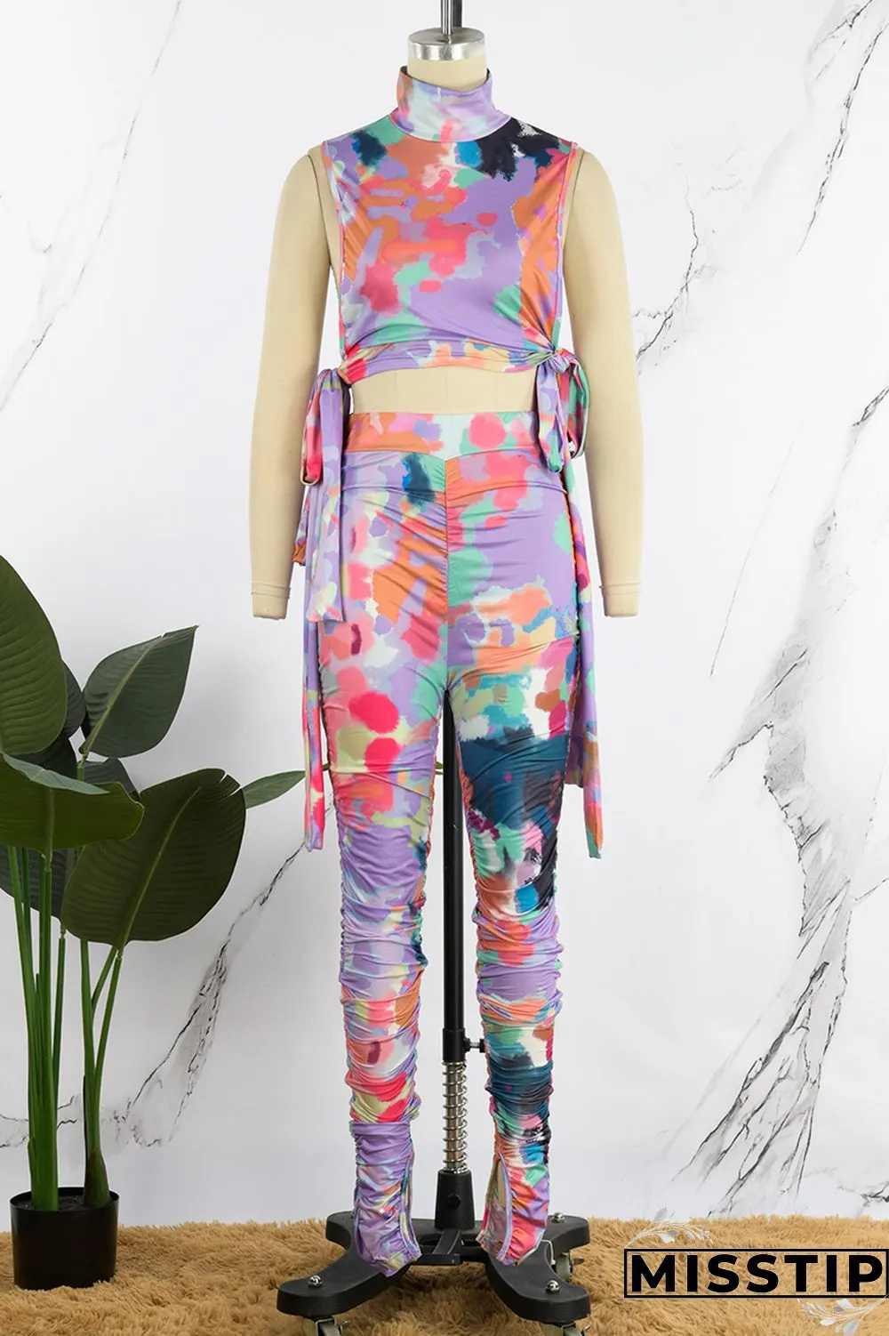 Multicolor Sexy Casual Print Bandage Fold Turtleneck Sleeveless Two Pieces