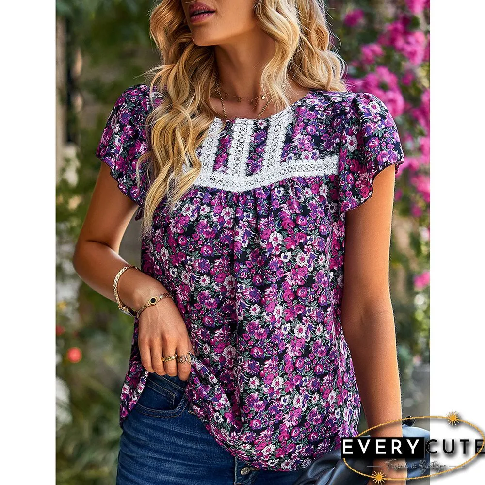 Purple Floral Print Ruffled Short Sleeve Blouse