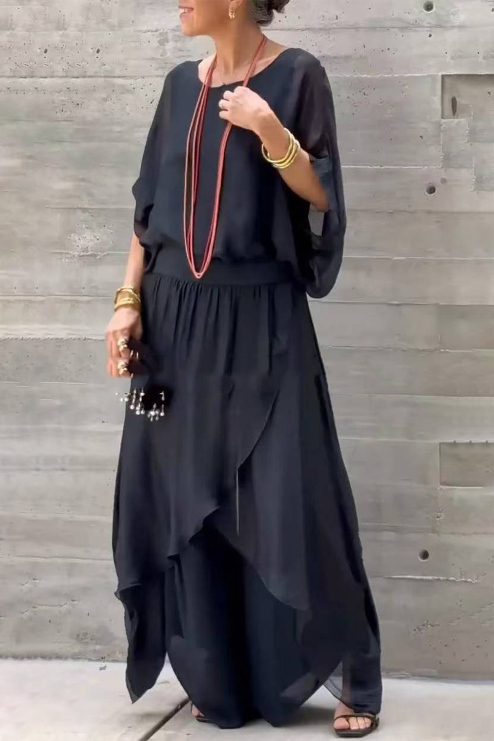 Plus Size Casual Light Blue Chiffon Batwing Sleeve Layered Wide Leg Two Piece Pant Suit 2024 - Flycurvy 