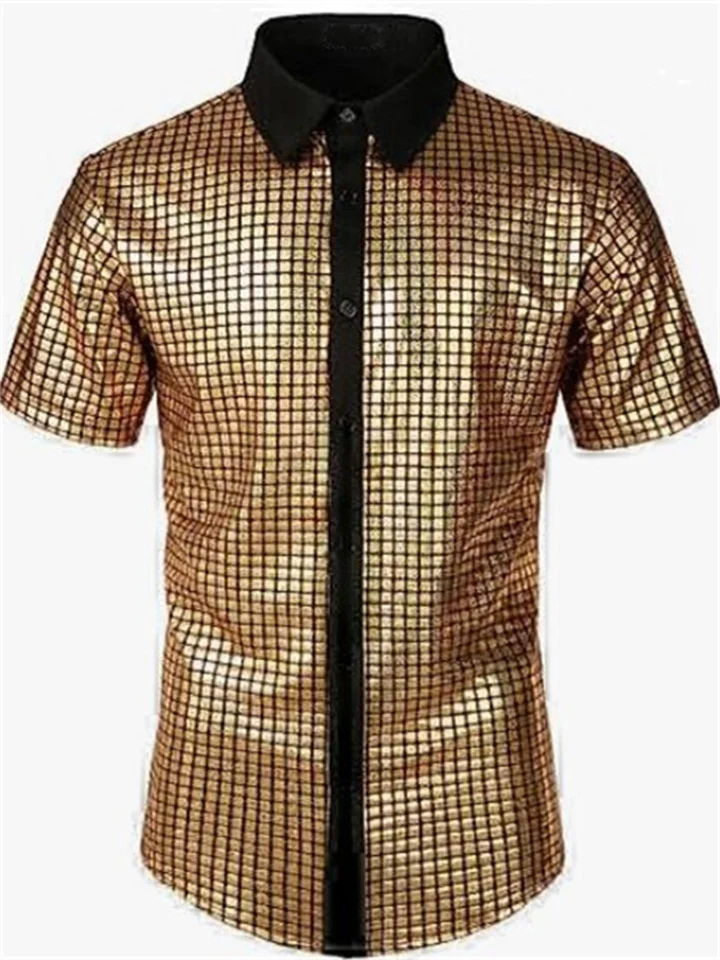 Men's Fashion Hot Gold Shirt Short-sleeved Lapel Color Loose Casual Shirt Plaid Shirt-Cosfine