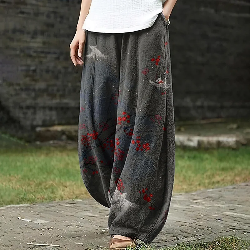 Women's Japanese Art Red Plum And Birds Pocket Loose Casual Pants