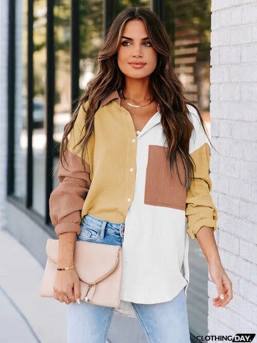 Color Block Button Up Collared Neck Shirt
