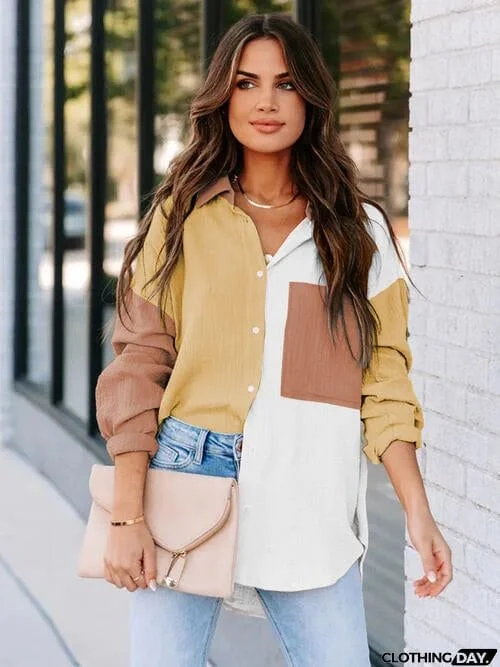 Color Block Button Up Collared Neck Shirt