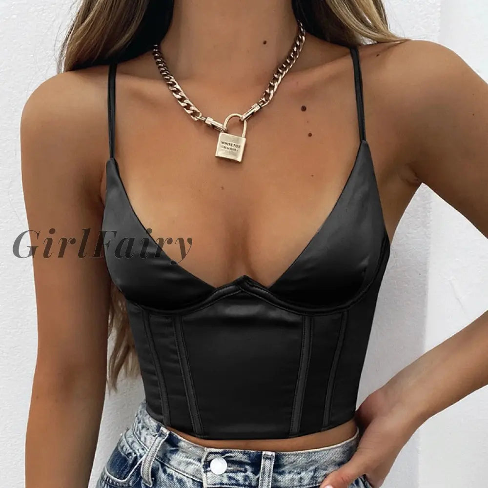 Girlfairy Staghetti V Neck Satin Corset Top With Straps 2023 Summer Floral Print Clothes Blue