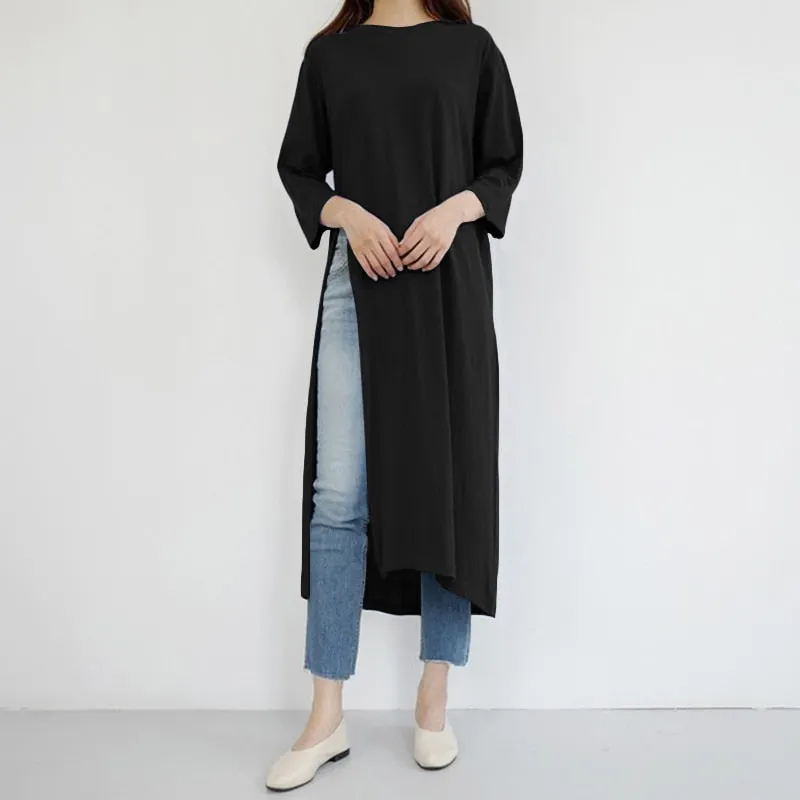 ZANZEA Stylish Women Split Hem Long Tops Summer 3/4 Sleeve Blouse Solid Shirt Femme Robe Blusas Casual Loose Top Tunic Chemise