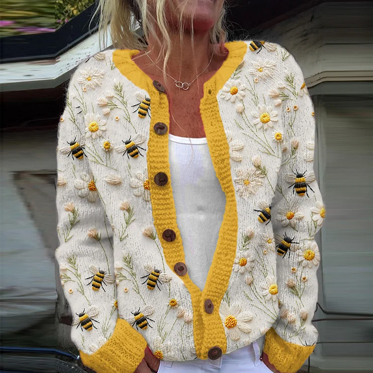 VChics Daisy Bee Embroidery Art Print Cozy Hooded Cardigan