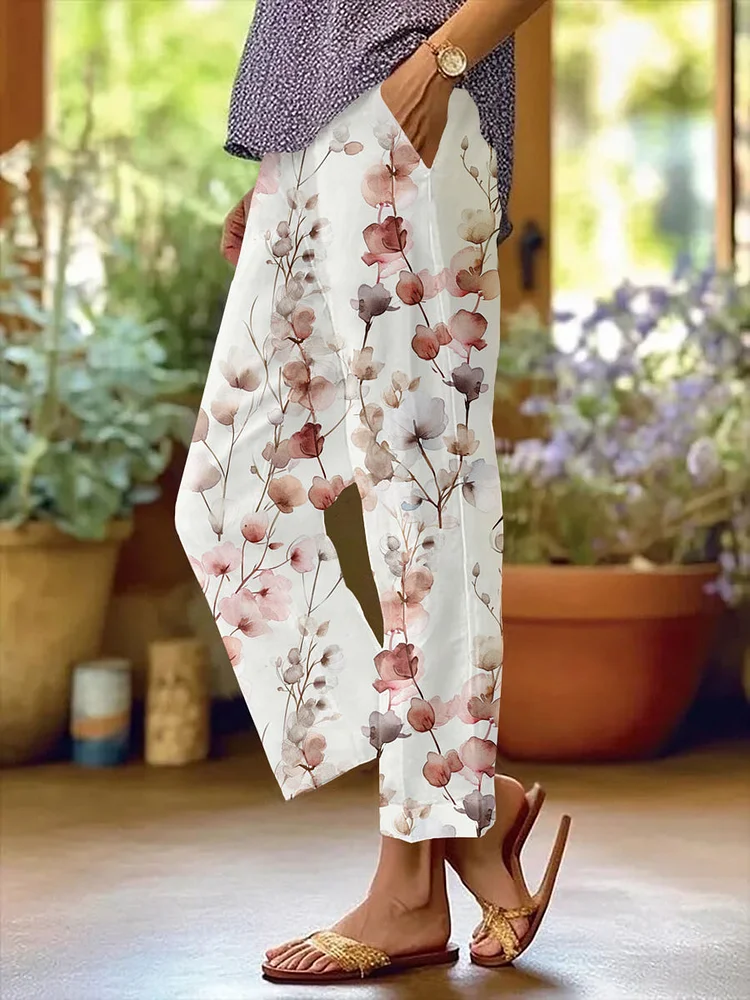 Floral Printed Cotton And Linen Casual Pants