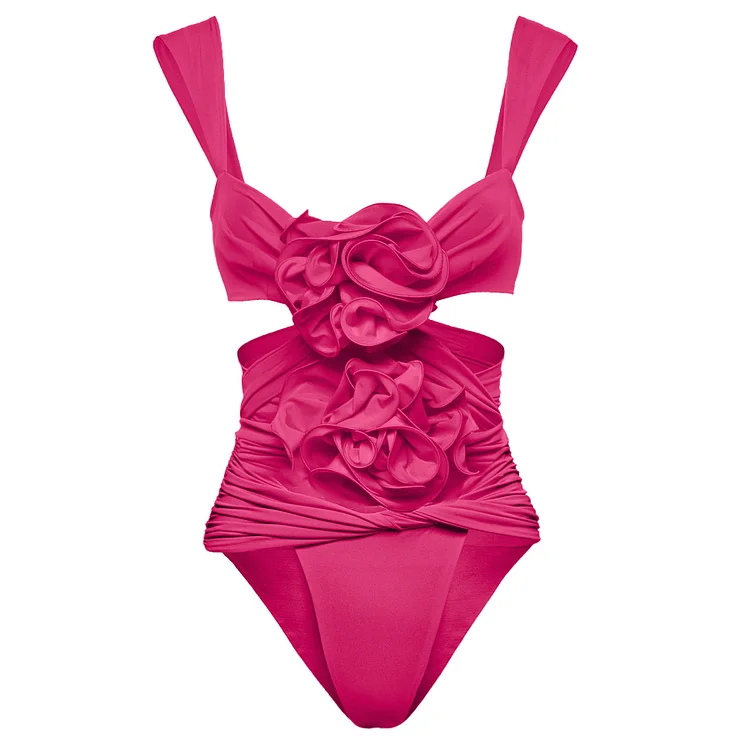 Vioye Rose Red 3D Flower Cutout One Piece Swimsuit and Skirt