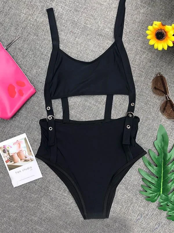 Adjusting Buckle Bandage Hollow One-Piece Swimwear