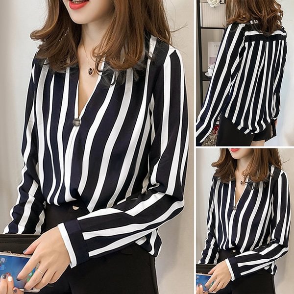 Women Striped Blouse Shirt Long Sleeve V-neck Casual Fashion Elegant Loose Tops - Shop Trendy Women's Clothing | LoverChic