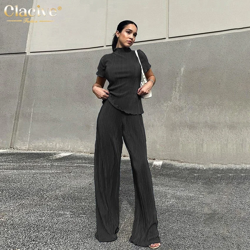 Clacive Bodycon Turtleneck T-Shirts Two Piece Set Women Summer Blue Pleated High Waist Pants Set Casual Slim Wide Trouser Suits