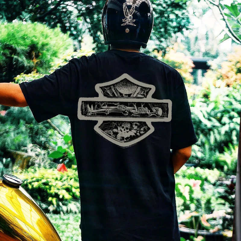 Skull Coffin Motorcycle Black Print T-Shirt