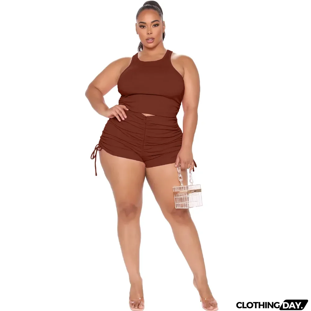 Plus Size Women's Tank Top Pleated Casual Shorts Two Piece Set