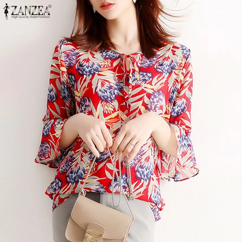 Women Chiffon Blouse ZANZEA 2022 Summer Lace Up Print Tunic Casual Middle Floral Sleeve O-neck Top Lady Blusa Femme 7