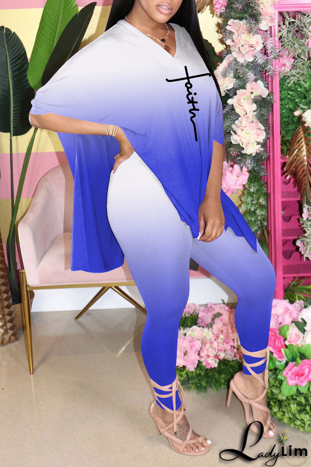 Black Casual Gradual Change Print Patchwork Slit V Neck Half Sleeve Two Pieces