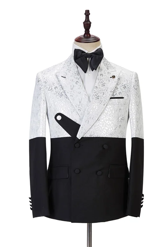 Daisda Chic Black and White Jacquard Peaked Lapel Wedding Suit For Men