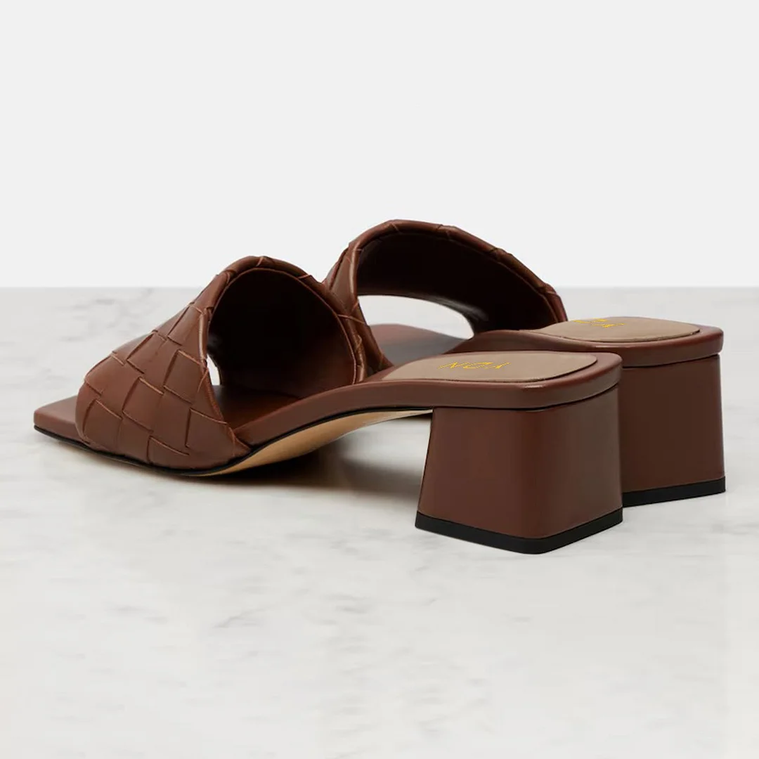Brown Square Toe Chunky Heel Slip On Woven Mule Shoes for Women