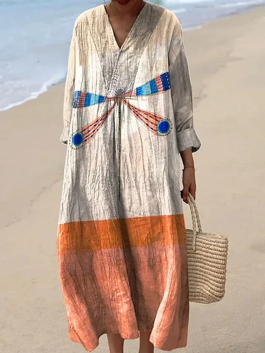 Women's Vintage Colorful Dragonfly Art Print Dress