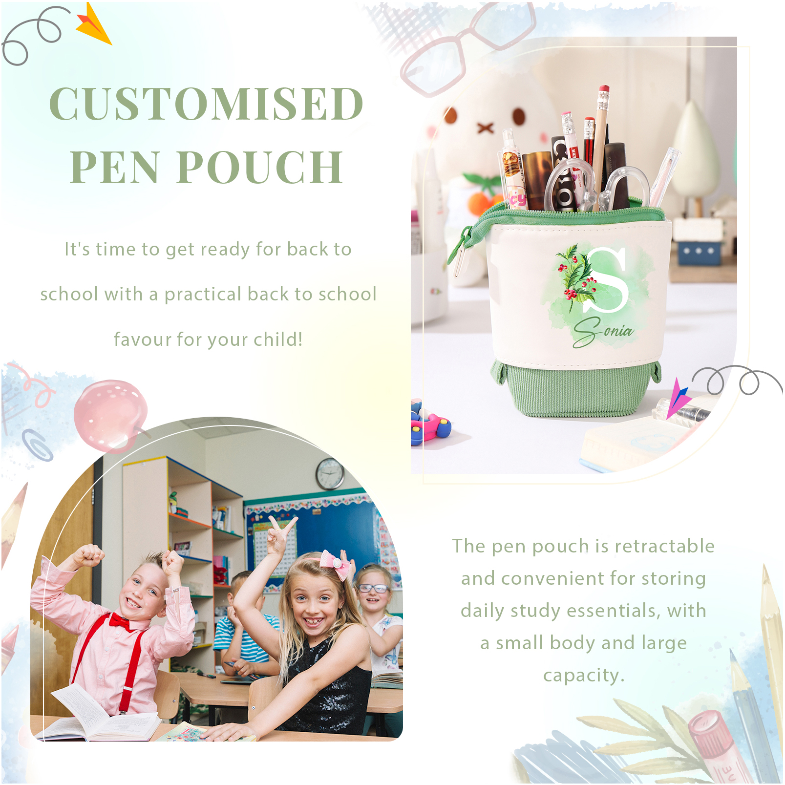 Personalised Pencil Case Custom Name & Letter & Birthday Flower Pen Pouch Back To School Gift for Kids-Jessemade AU