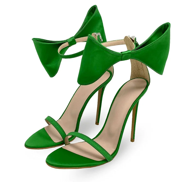 Green Satin Open Toe Exaggerated Bow Ankle Strap High Heels Sandals |FSJ Shoes