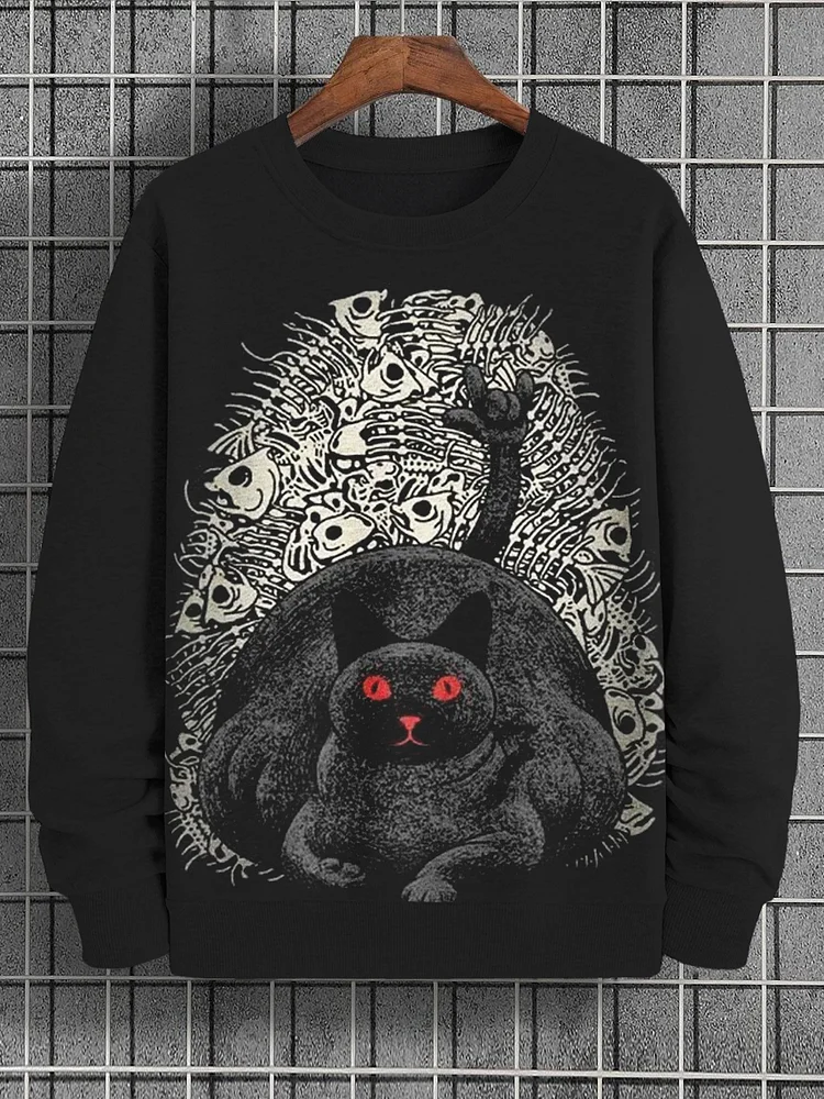 Men's Funny Rock Black Cat Print Long Sleeve Sweatshirt