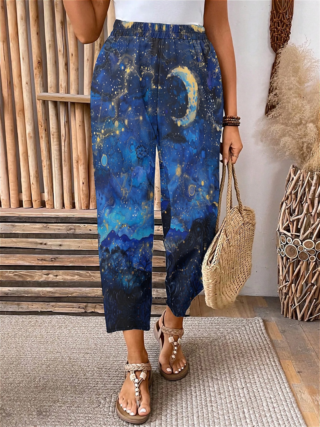 Plus Size Elastic Waist Nature's Symphony Printed Pants