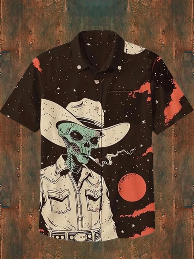 Men'S Smoking Alien Cowboy Print Shirt