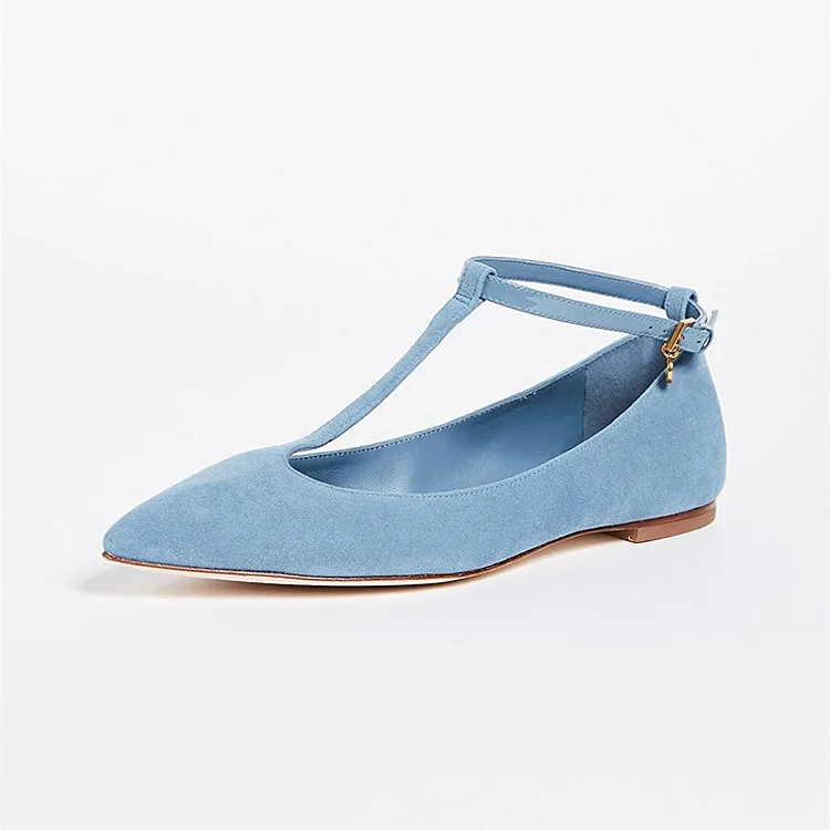 Light Blue Pointy Comfortable Flats T Strap Ballet Shoes|FSJshoes
