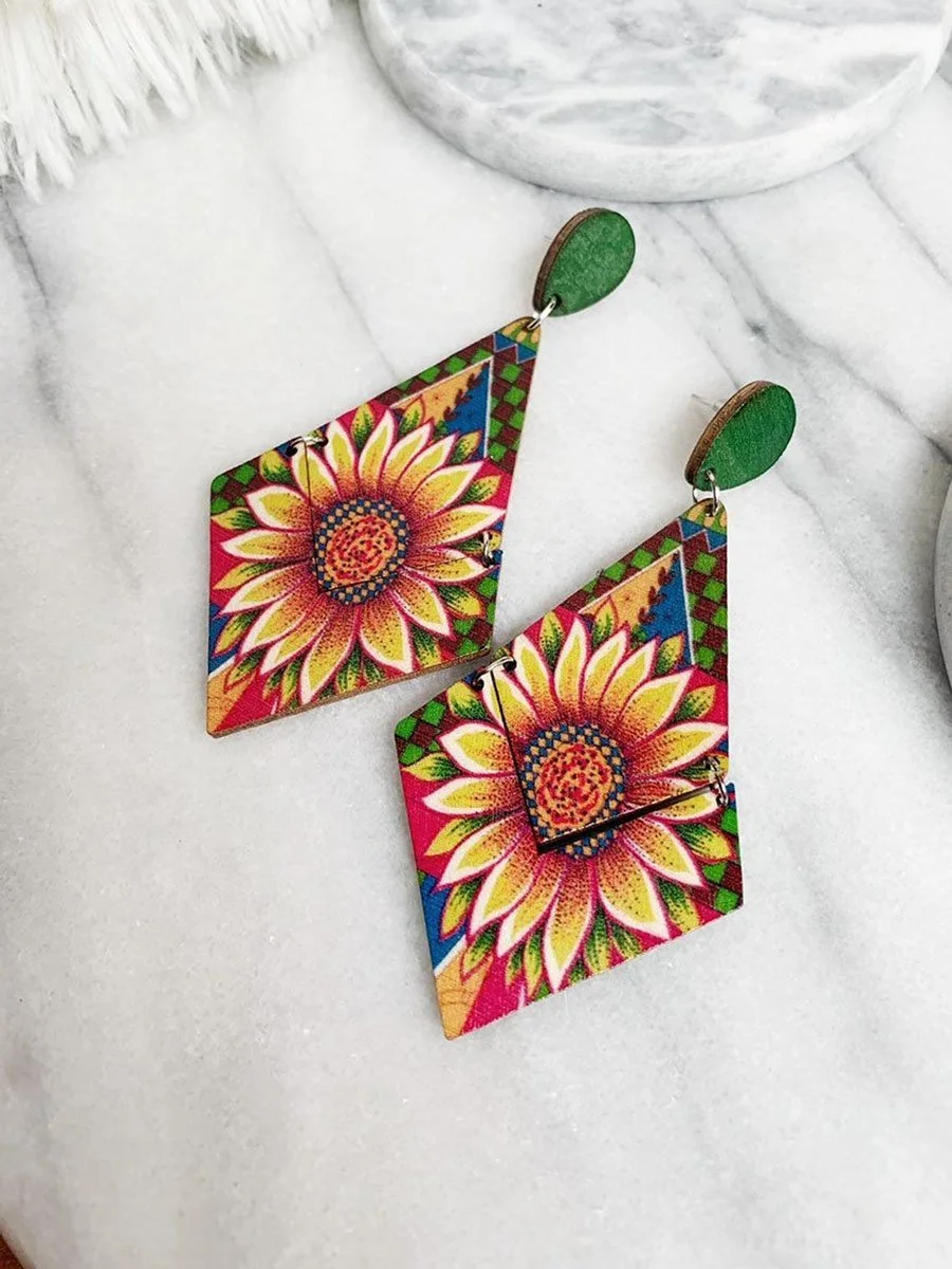 Sunflower Printed Wooden Geometric Earrings