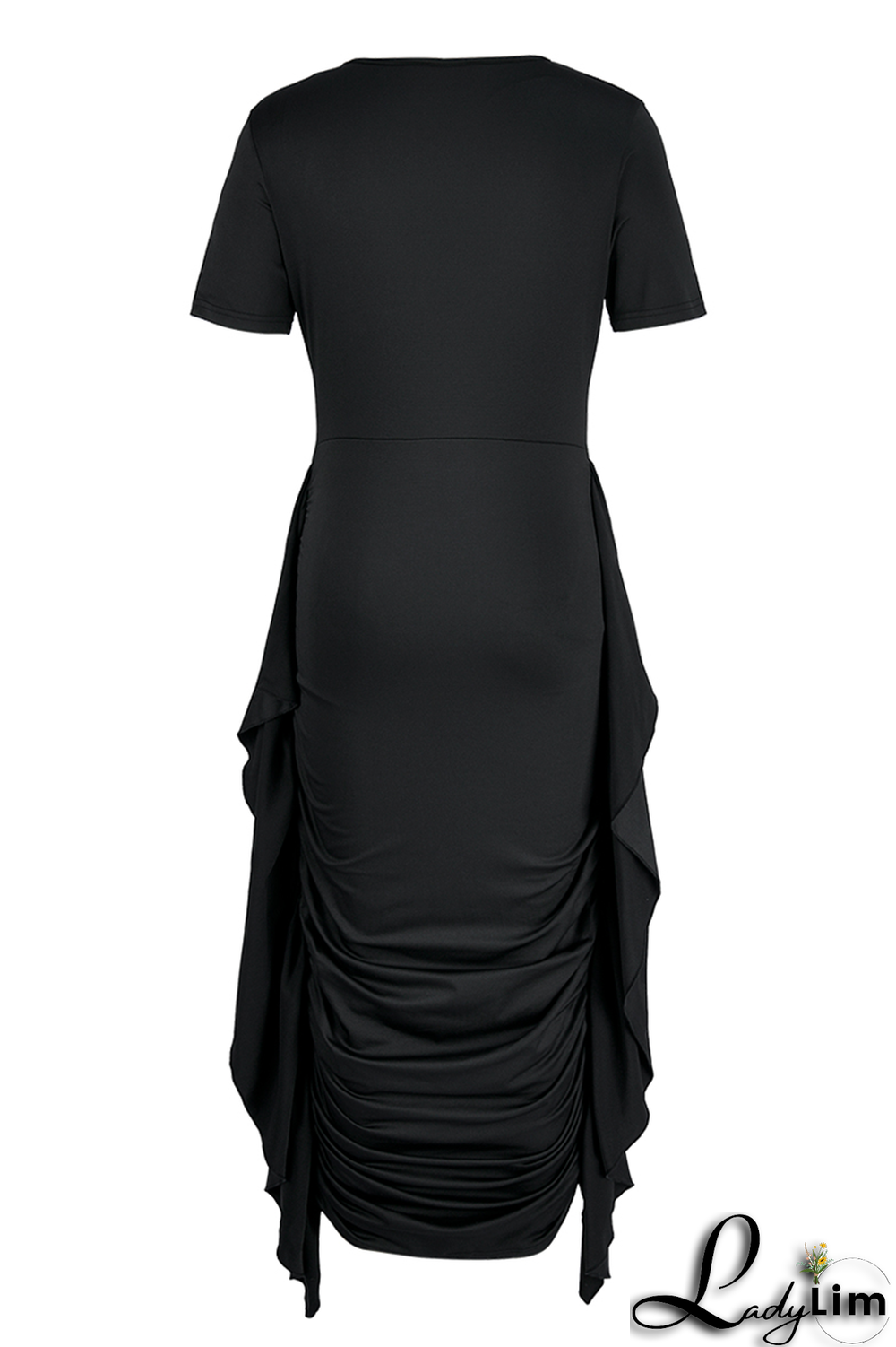 Yellow Fashion Solid Flounce Fold O Neck Pencil Skirt Dresses