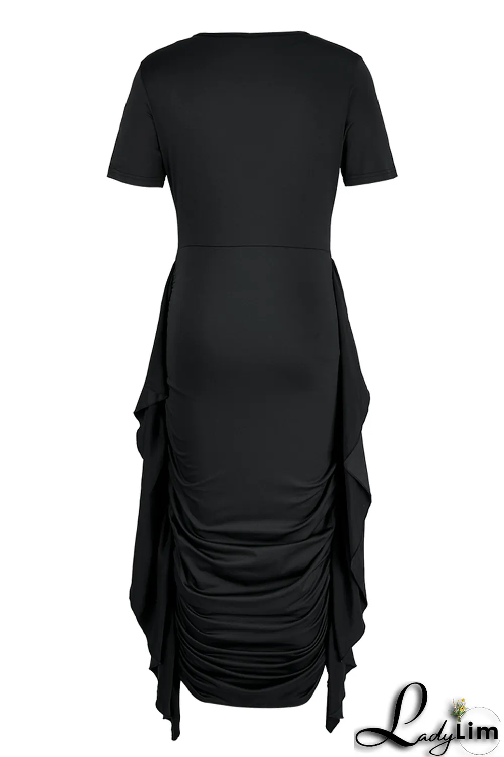 Yellow Fashion Solid Flounce Fold O Neck Pencil Skirt Dresses