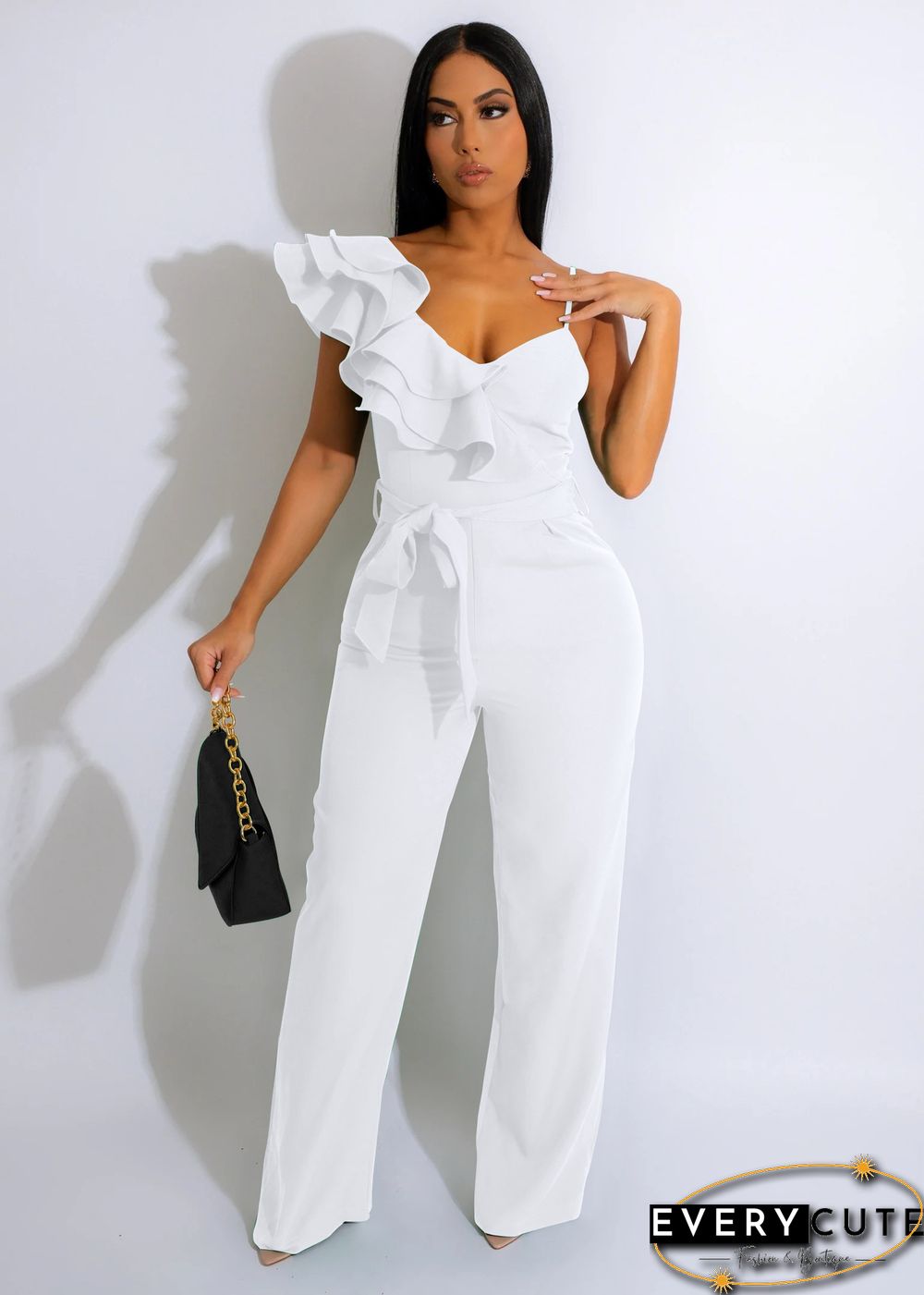 Fashion Ruffled Sleeveless Waist Deep V Loose Jumpsuit