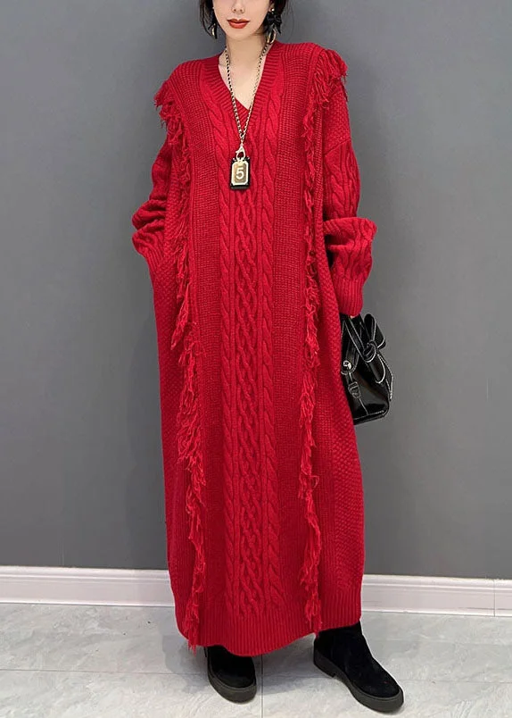Chic Red V Neck Tassel long Knit Dress Winter