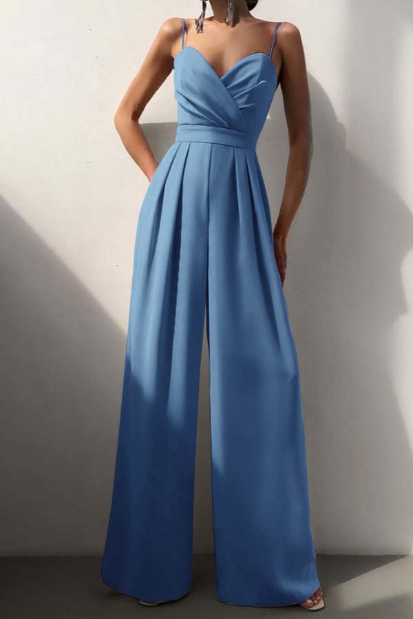 Hidais Chic Lilac Sweetheart Spaghetti Strap Sleeveless Pleated Long Wid-Leg Jumpsuit