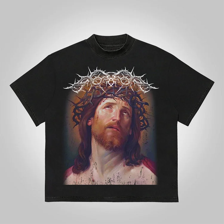 Vintage Jesus Portrait Graphic Bible Print Cotton T-Shirt