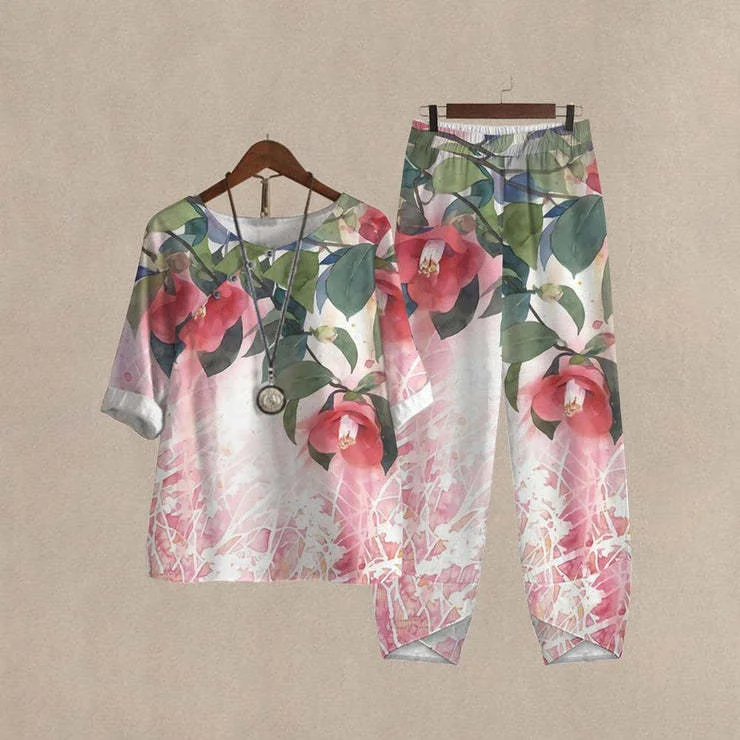Women plus size clothing Women's Half Sleeve Scoop Neck Floral Printed Top & Pockets Design Long Pants Set-Nordswear