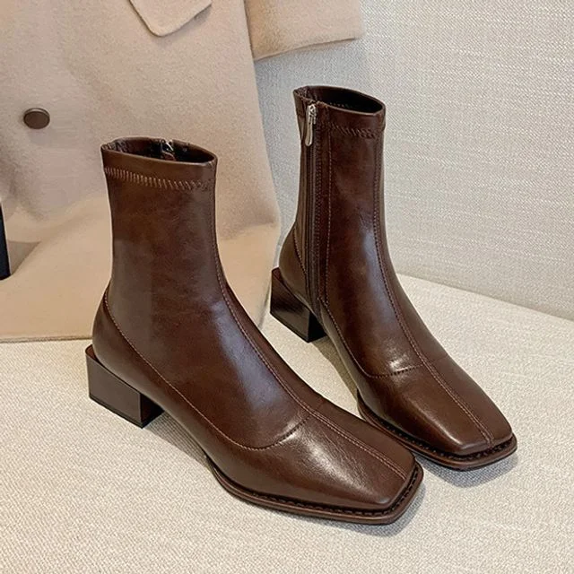 Boots Heel Square Short Faux Leather Block Toe