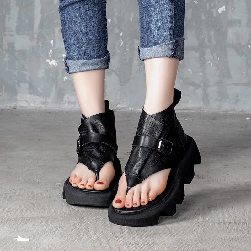 Handmade Retro Leather Platform Sandals Buckle Strap Ladies Summer Shoes