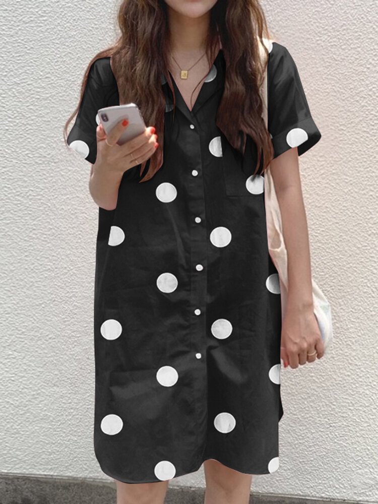 Cottagecore Polka Dot Pocket Button Split Shirt Dress