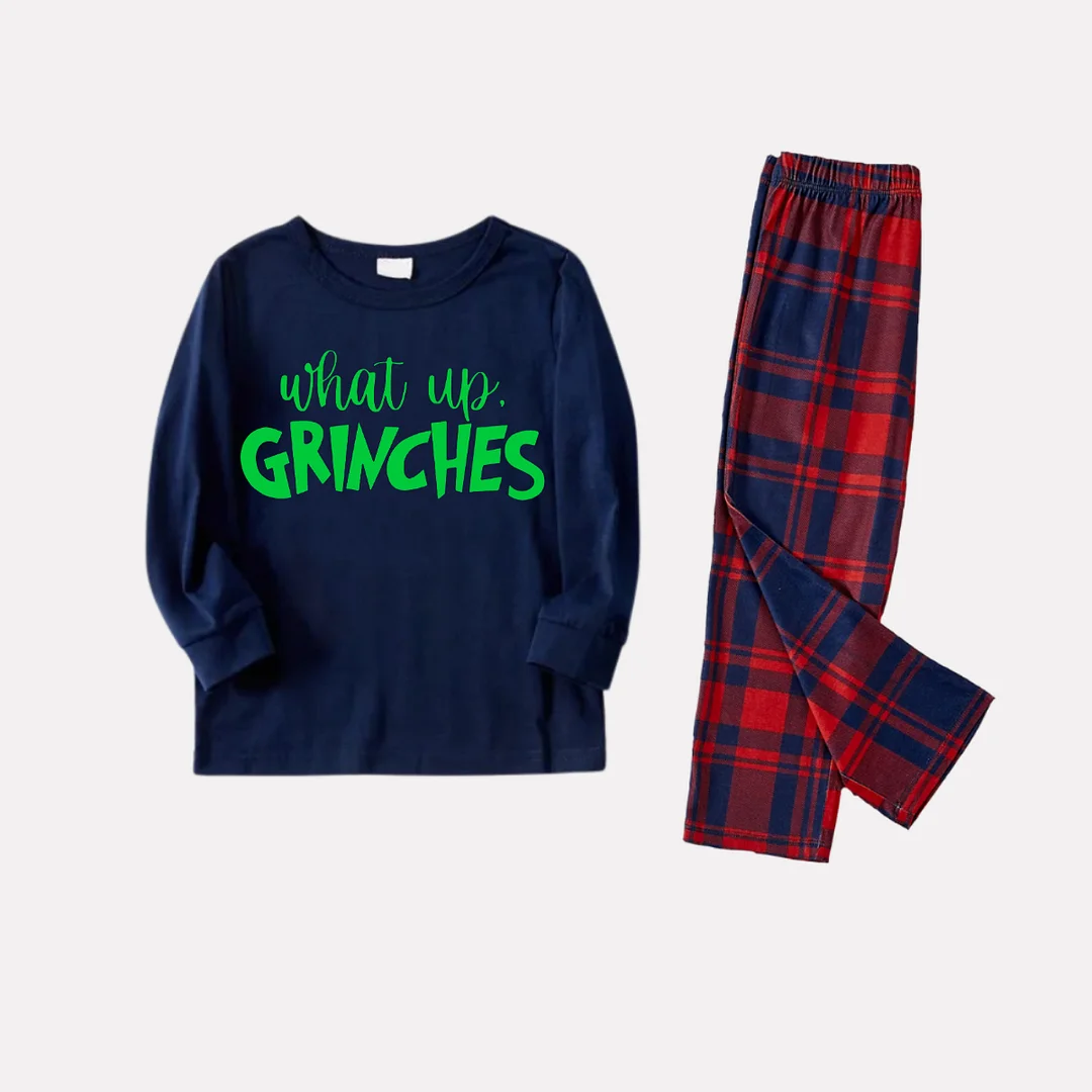 Christmas Letter Print Blue Long Sleeve Top with Red & Blue Plaid Family Matching Pajamas