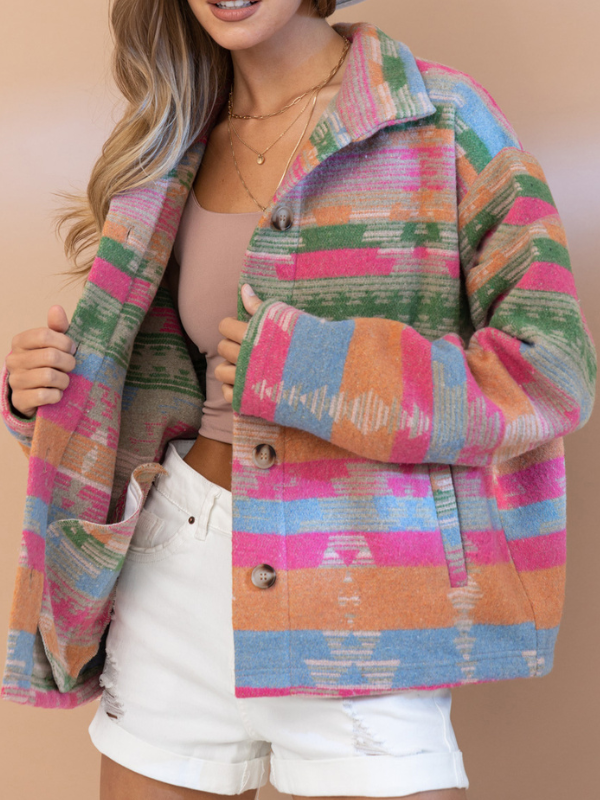 Women's Jacket Aztec Tribal Western Patttern Lapel Long Sleeve Oversize Loose Jacket Coat