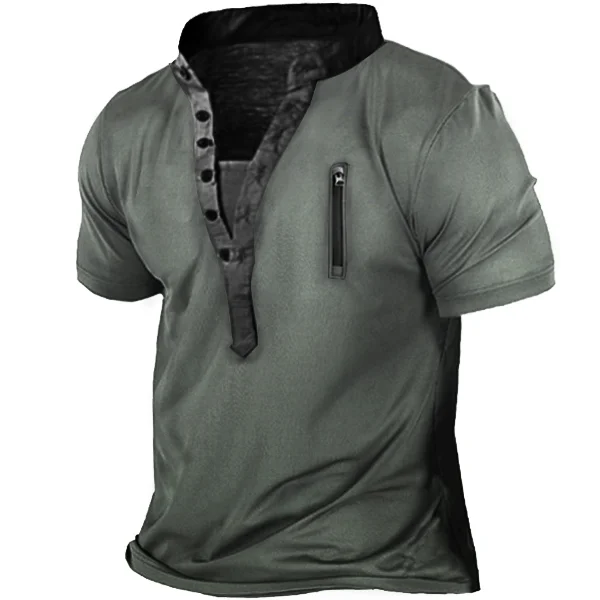 Men's Outdoor Zip Retro Print Tactical Heney Short Sleeve T-Shirt
