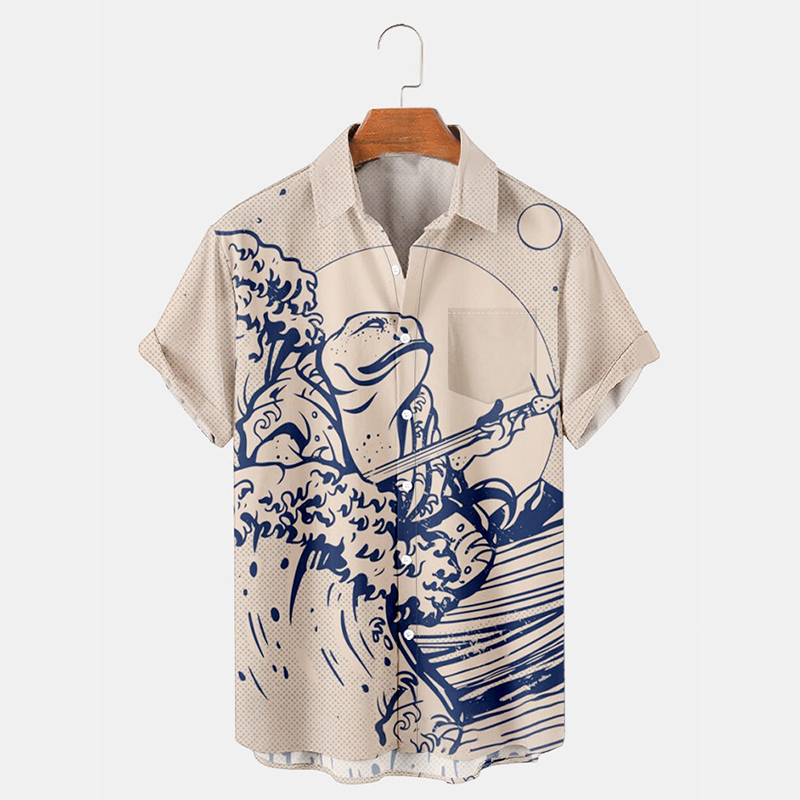 PeachBruh Men's Ukiyoe Waves and Musical Frogs Printed Short Sleeve Shirt