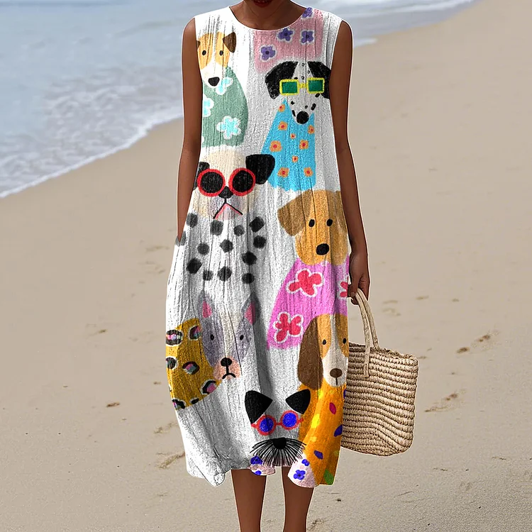 Women's Cute Dogs Art Print Sleeveless Dress